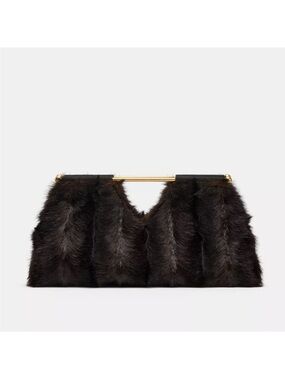 Zara Black Faux-Fur Clutch with Gold Bar Handle